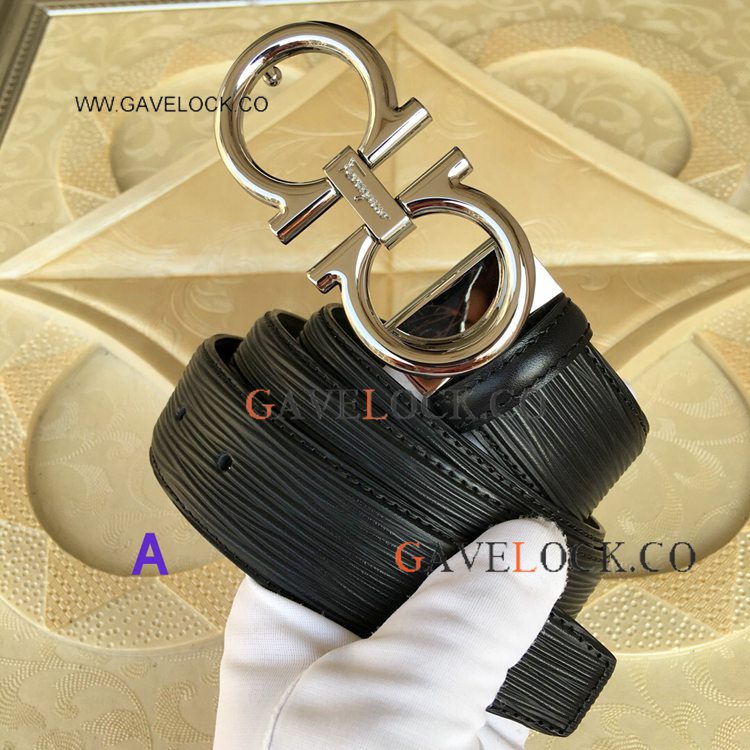Salvatore Ferragamo Mens Belt Replica Black Wave with Silver Buckle 34mm